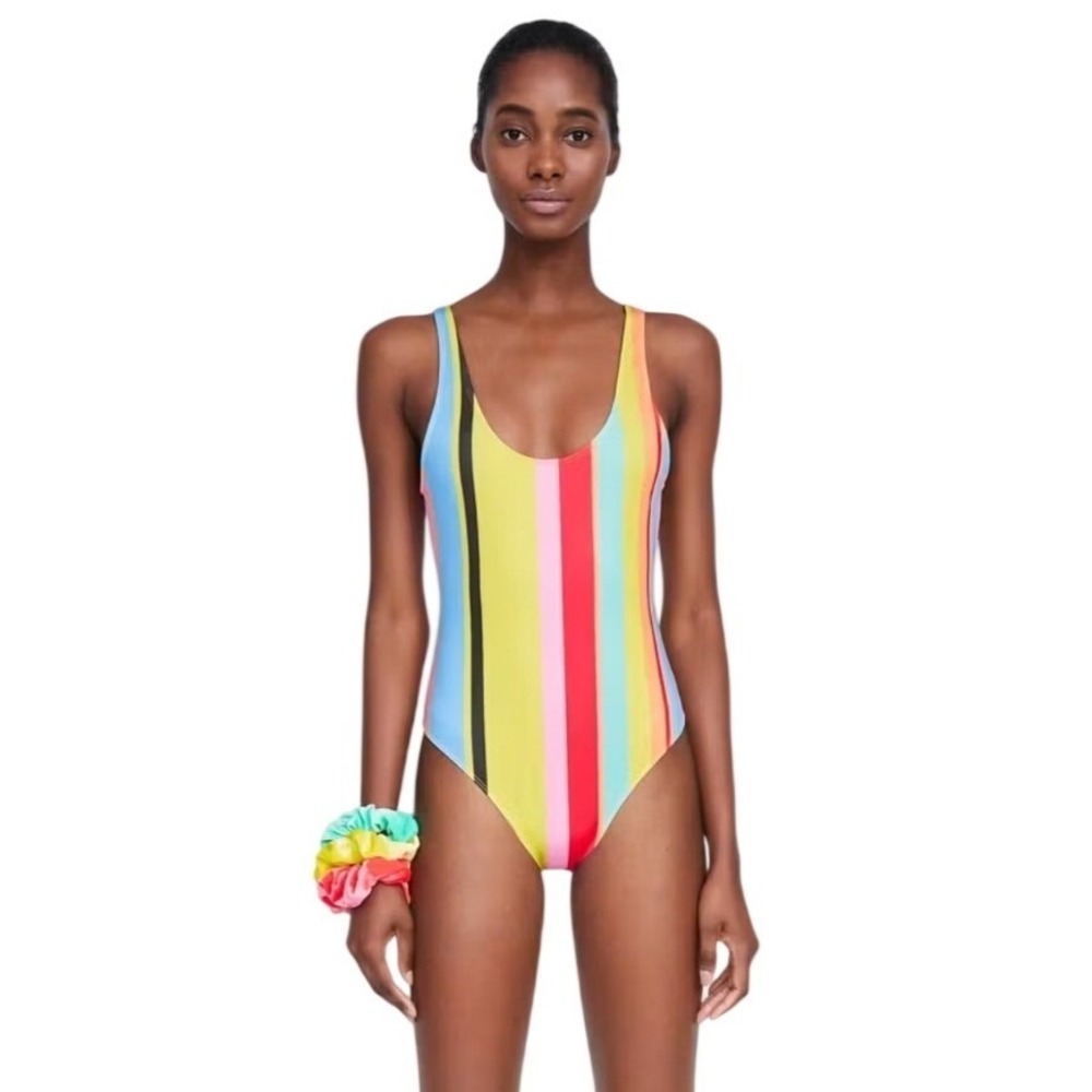 Zara Accessories Vertical Multi Color Striped One Piece Swimsuit Rainbow Scoop S